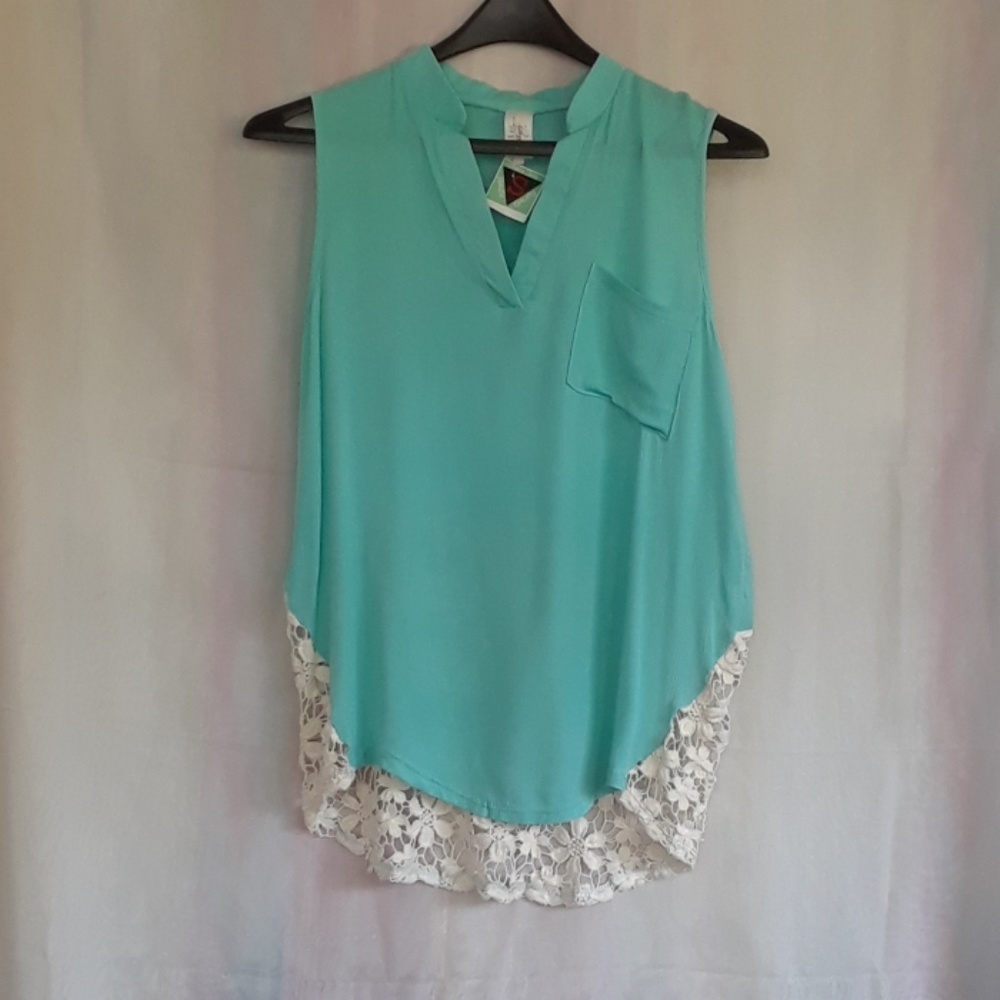 Aqua Blue Sleeveless Top with Crochet Lace
